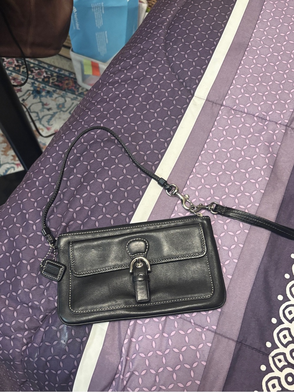 Coach Black Leather Wristlet Crossbody with Buckle Detail